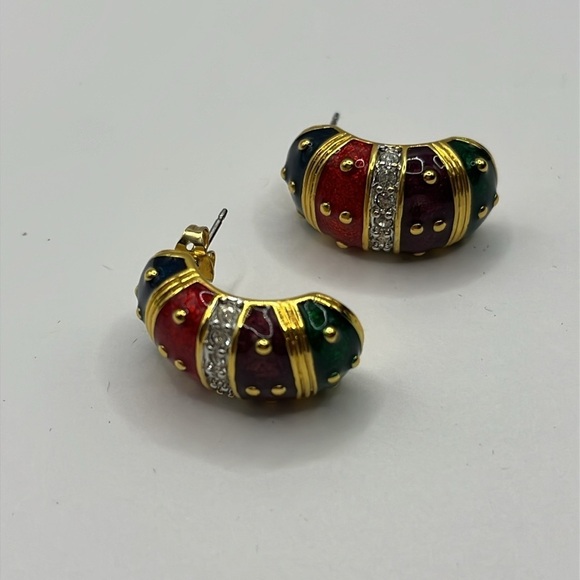 Joan Rivers Gold Tone Blue Red Maroon Green Enamel Pierced Earrings Rhinestones - Picture 7 of 8